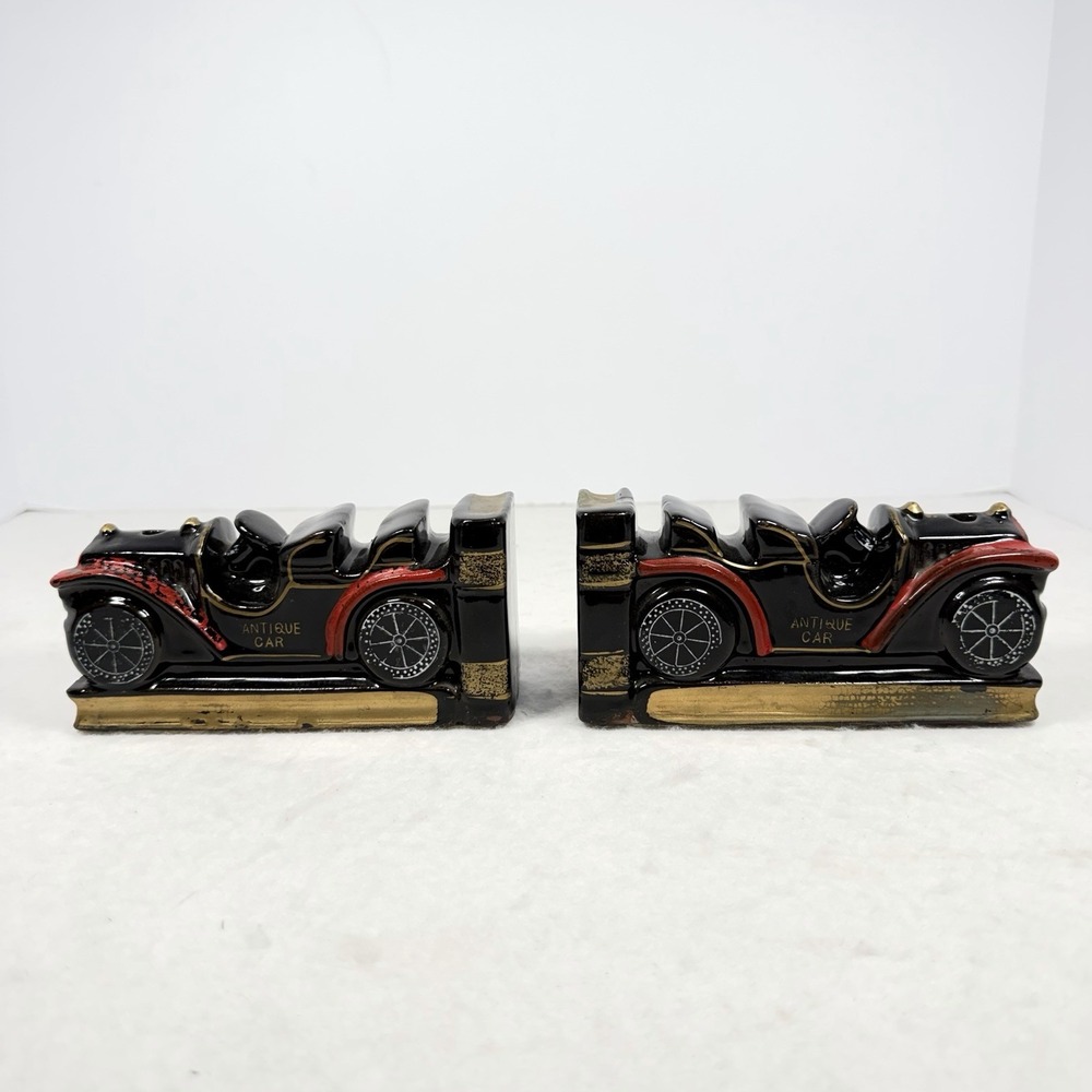 Vintage Japan Ceramic Antique Car Bookends Red Black Gold 6"x3" Pair